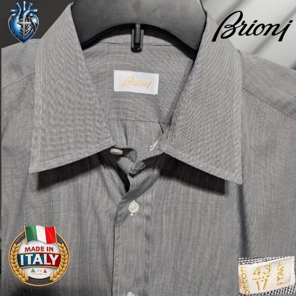 Brioni 43/17 Tailored Fit 100% Cotton Made in Italy Gray Micro-Check Dress Shirt - Picture 5 of 5